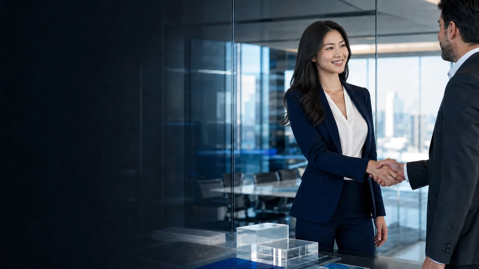 Businesswoman greeting a customer beside clear polymer samples during a SkyGate Polymer consultation