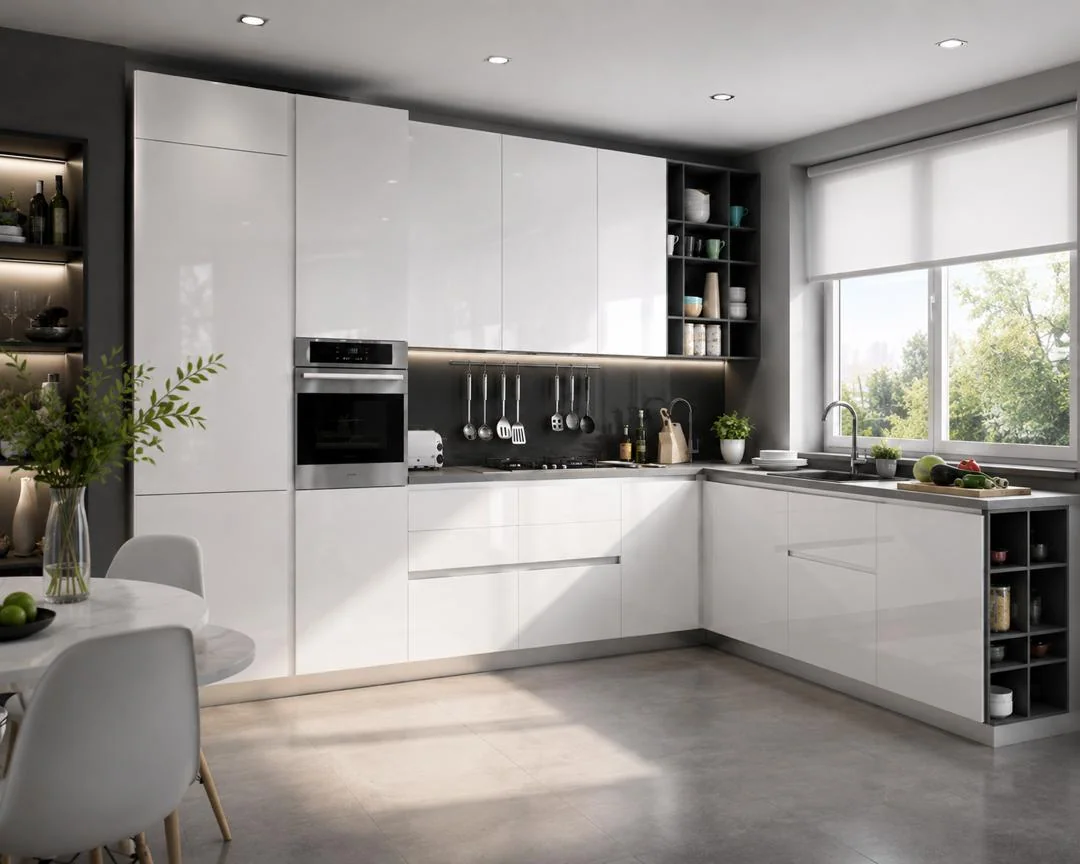 Modern White High-Gloss Kitchen Cabinets and Countertops